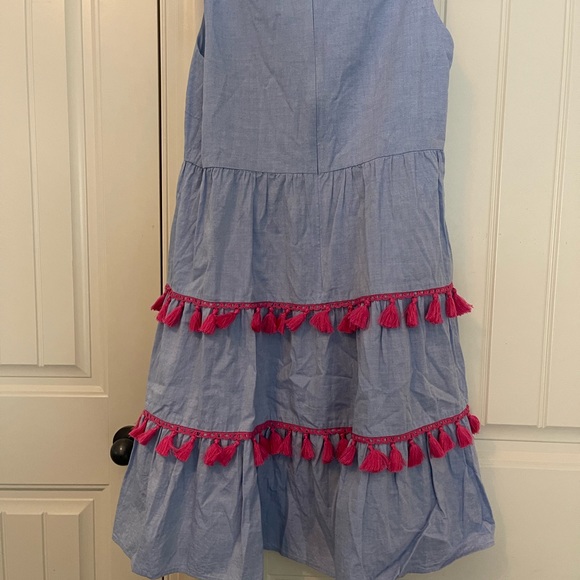 Eliza J Blue Chambry Pink Tassel Sleeveless tiered fit and flare dress.  Size 4 - Picture 3 of 5